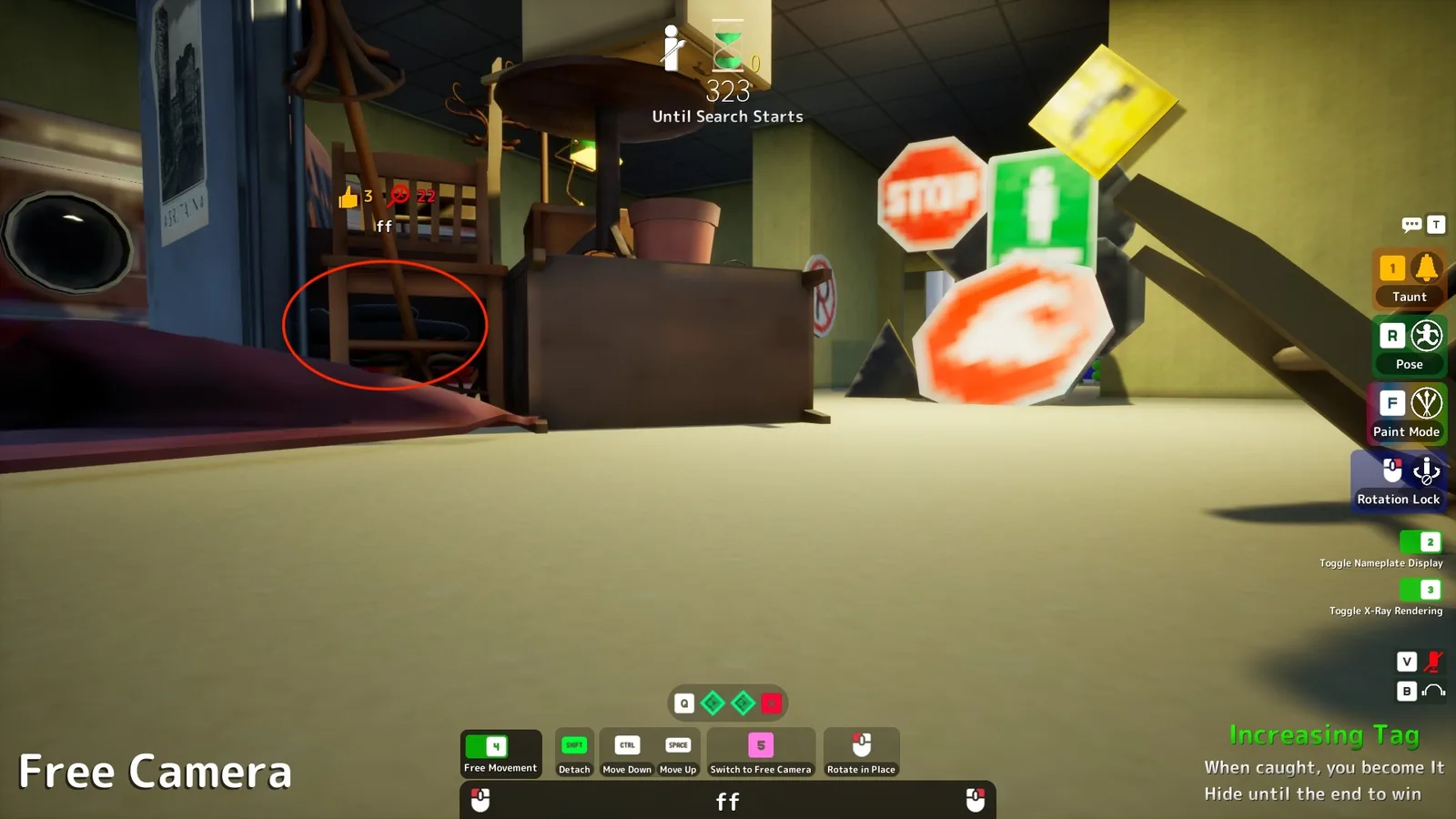 Meccha Chameleon in-game HUD showing live key bindings: F paint mode, R pose, 1 taunt, 2 nameplate display, 3 X-ray rendering, plus detach and movement keys