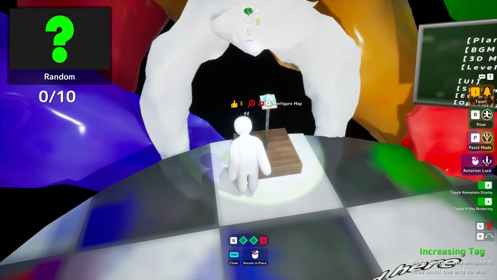 Inside a Meccha Chameleon private room lobby: white player figure by the map selector podium with the Configure Map prompt visible