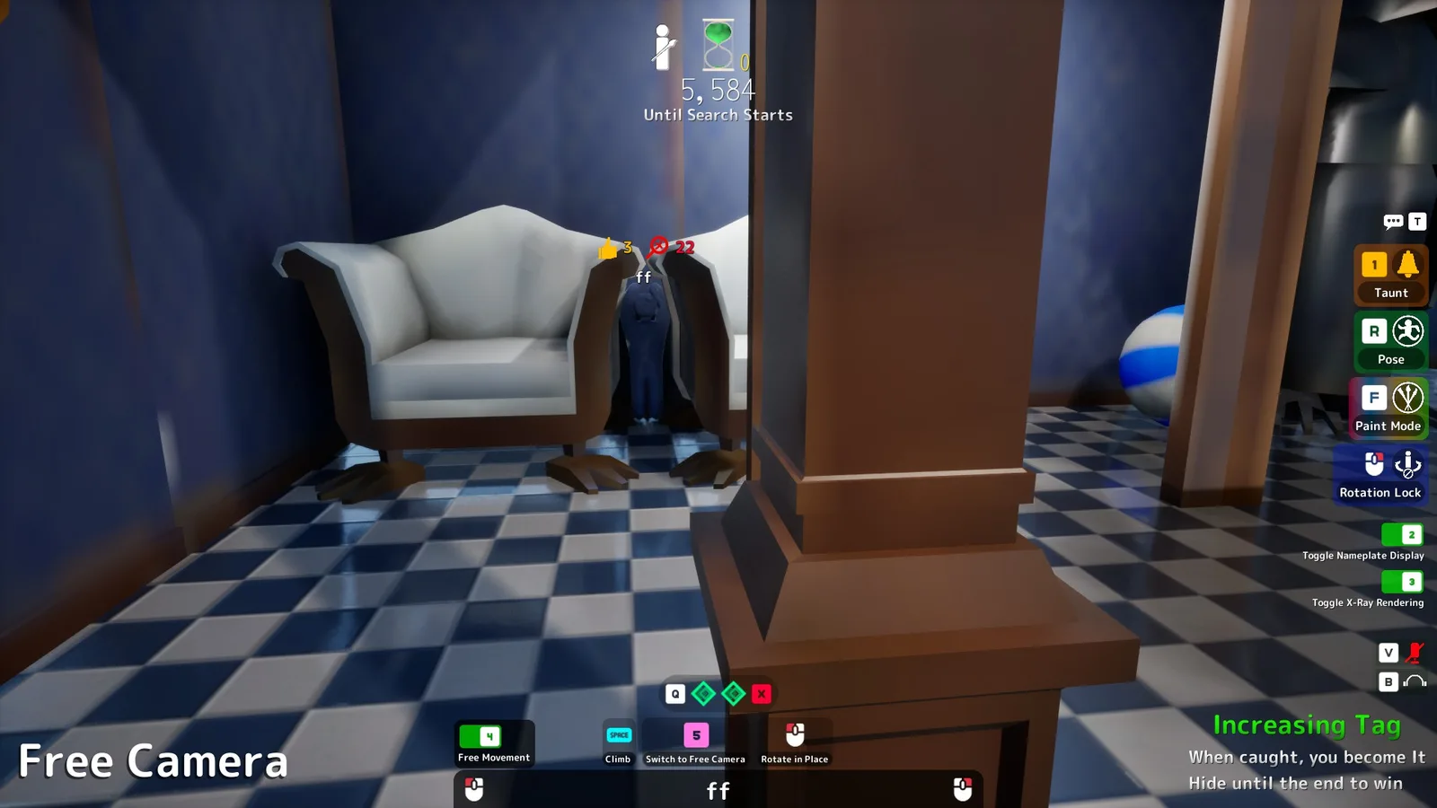 A hider wedged in the gap between two penguin-footed armchairs opposite the hotel staircase