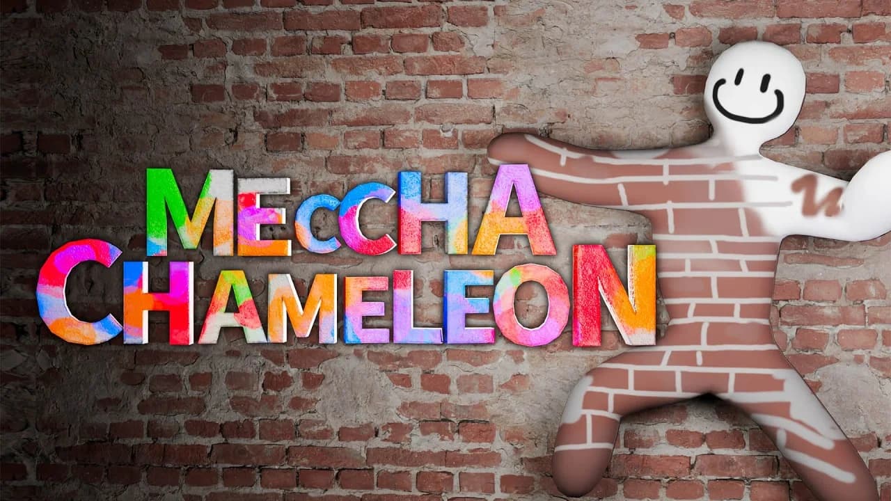 Meccha Chameleon announce trailer cover: the painted game logo beside a hider camouflaged against a brick wall