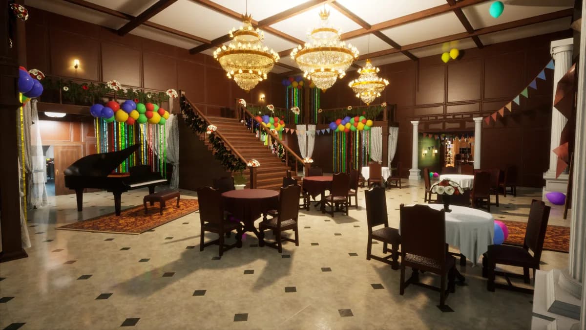 The grand ballroom stage with chandeliers and vertical sightlines — map knowledge territory