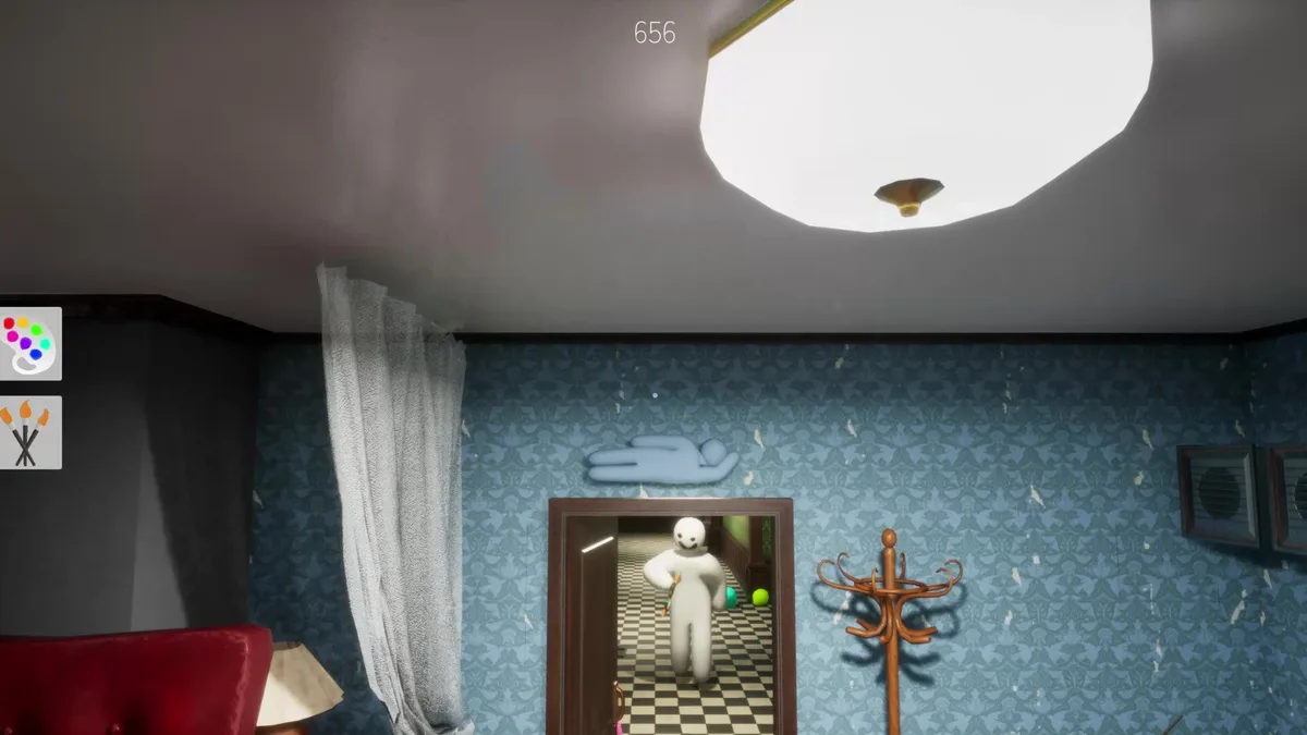 Spot the hider: a Meccha Chameleon player camouflaged flat against a bedroom ceiling while another checks the doorway