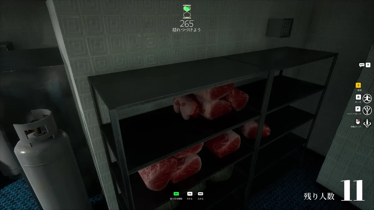 A dark storage room stage where advanced hiders exploit low light and prop clutter