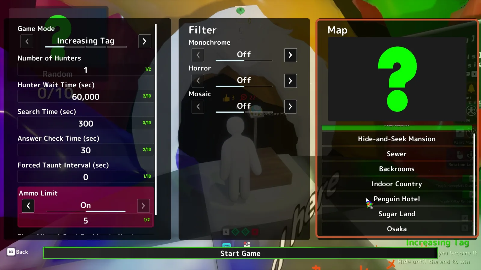 Meccha Chameleon room setup menu with the full official map list highlighted: Hide-and-Seek Mansion, Sewer, Backrooms, Indoor Country, Penguin Hotel, Sugar Land, Osaka