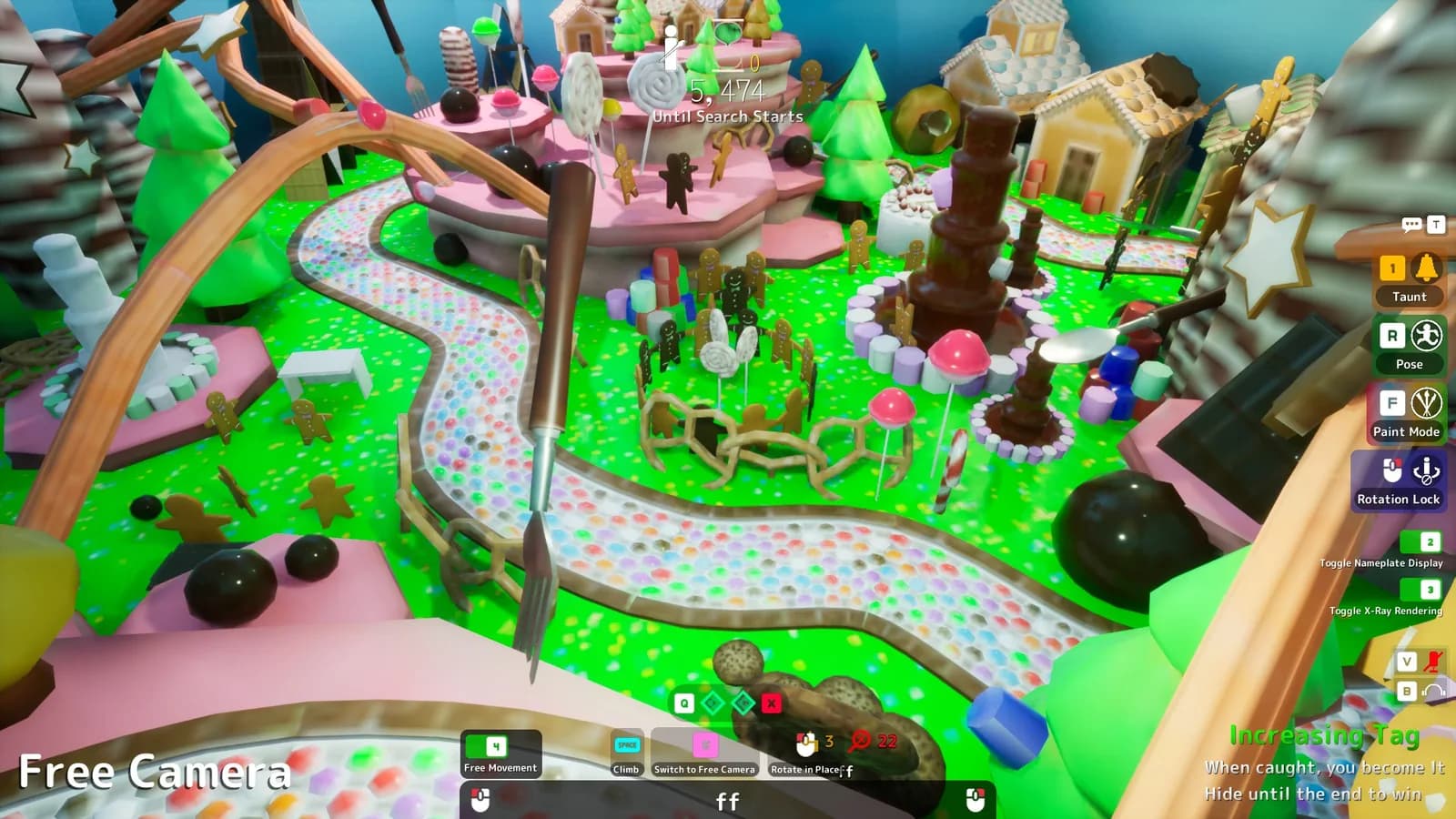 Sugar Land overview: candy path winding past gingerbread houses and a chocolate fountain